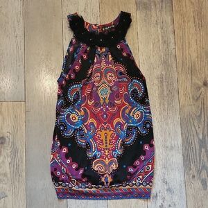 Rampage Black Print Top with Bright Paisley Trim